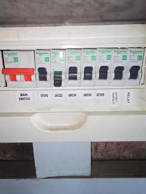 Upgraded distribution board with clearly labelled Schneider breakers for stove, geyser, aircon and jacuzzi