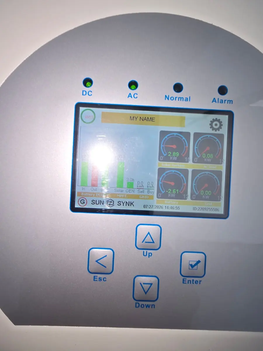 Sunsynk inverter display showing solar, battery, load and grid readings